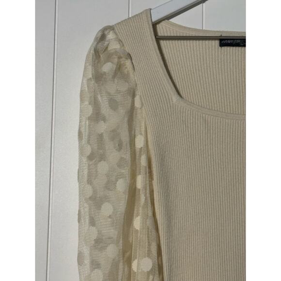 On Twelfth · Large · Ribbed Polka Dot Top · Sheer Sleeves · Square Neck · Cream - Picture 4 of 9